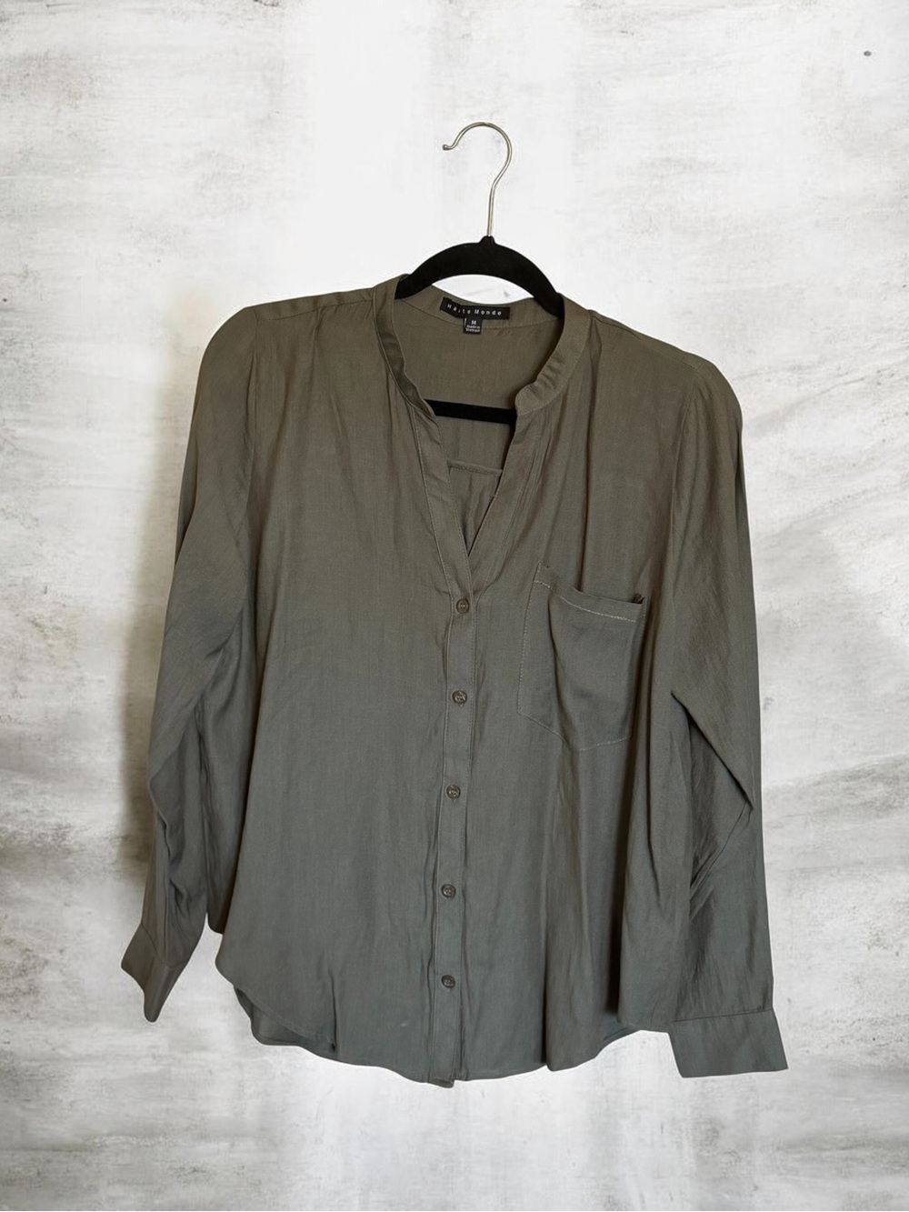 Haute Monde Olive Button-Down Mandarin Collar Shirt